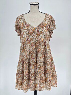 BaeVely Floral Tiered Mini Babydoll Dress Cream Multi Boho Flutter Sleeve M EUC